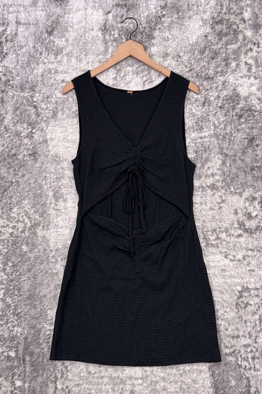 Free People Dress Medium Womens Black Seersucker Striped Cut Out Mini